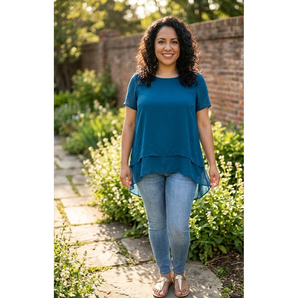 Dana Buchman Teal Blue Layered High Low Short Sleeve Blouse Top Medium